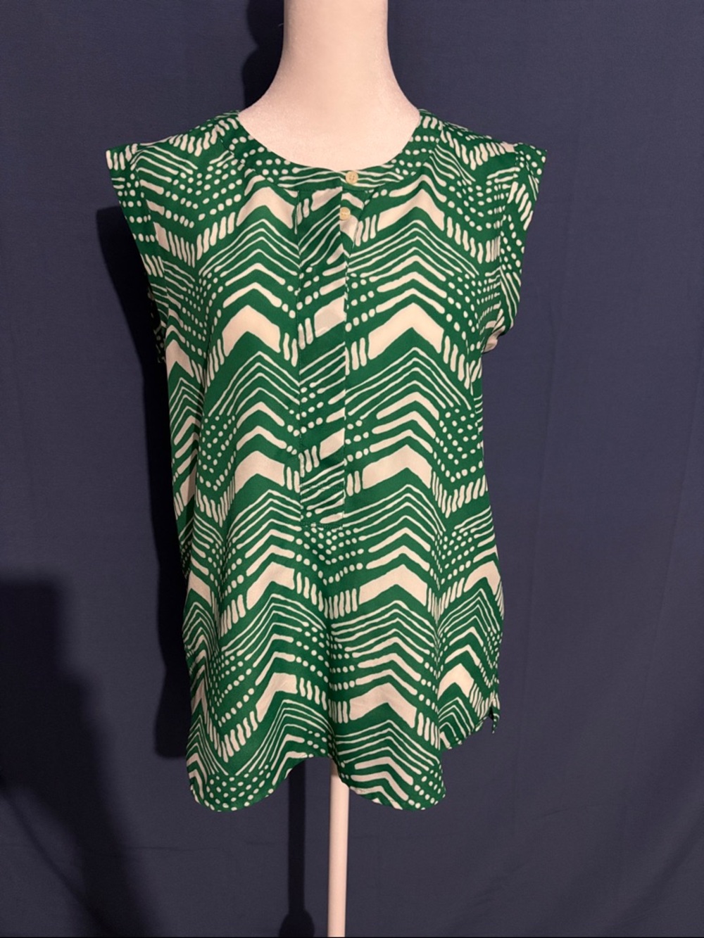 J. Crew Green and Cream Chevron-Style Sleeveless Top